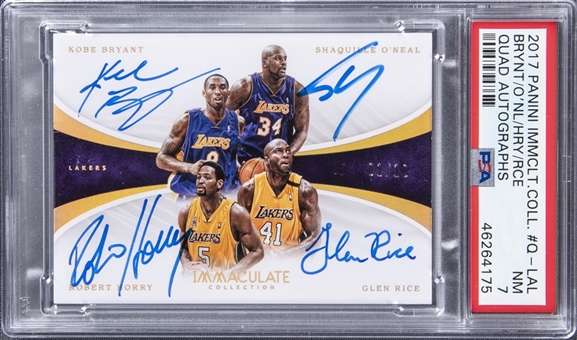 2017-18 Panini Immaculate Collection Quad Autographs #Q-LAL Kobe Bryant, Shaquille ONeal, Robert Horry & Glen Rice Signed Card (#01/10) - PSA NM 7